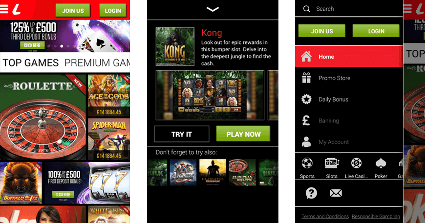 Ladbrokes Casino Mobile App Screens in play