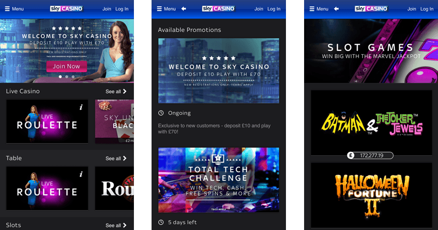 In Game Sky Casino Mobile App Screens