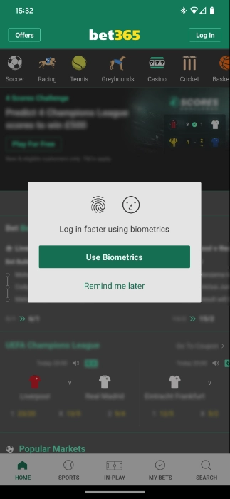Bet365 App Login Biometrics Screenshot 