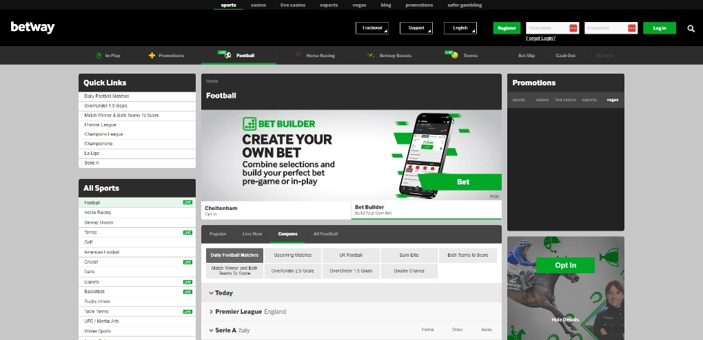 Betway Screen of Football Betting
