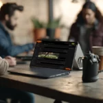 laptop facing away on a table 2 people using it