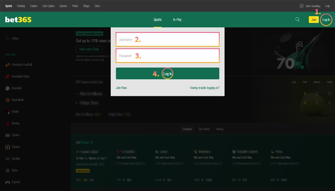 Bet365 How to log in on Desktop