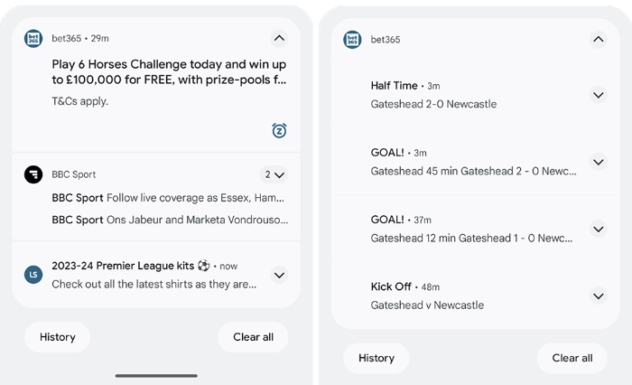 Bet365 Mobile OfferNotification and Live Bet Alerts Example